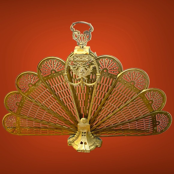 unknown Other - MCM Brass Folding Peacock Fan Fireplace Screen Fire Guard Cameo Face Flowers